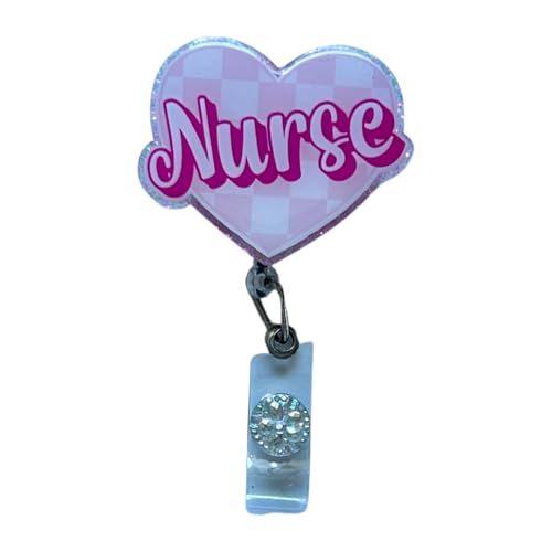 Pink Checkered Nurse Heart Badge Reel - Handmade Retractable ID Holder, Custom Nurse Badge Charm, Teacher Lanyard, Office Clip, Valentine's Day Badge Reel, Customizable