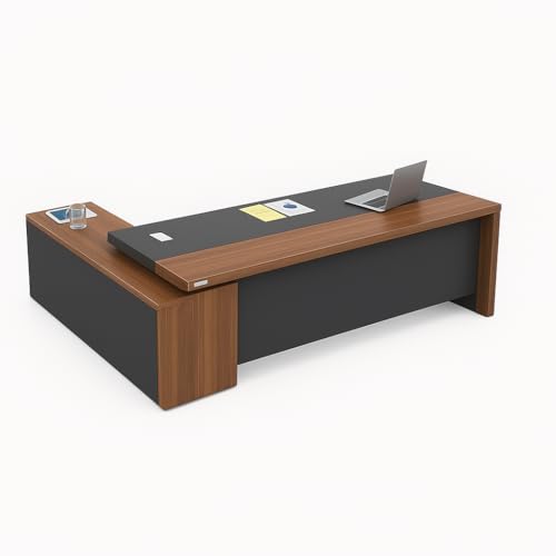 Image of Director and Executive L-Shape Director Desk with Storage and Drawer Wire Manager | Walnut Finish Table | Computer Desks for Office| 5-Year Warranty & Free Assembly - LDL-569