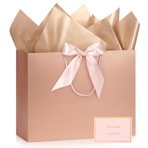 Image of JMANNI Gift Bags with Handles, 11 inch Small Gift Bag for Presents, 1 Pcs Bags with 2 Tissue Paper and 1 Cards for Baby Shower Wedding Bridal Shower Mother's Day Birthday Party (Rose gold)