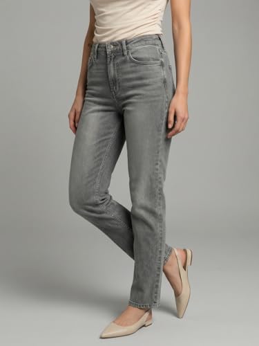 Image of Urbano Fashion Women's High Rise Straight Fit Washed Jeans Non-Stretchable