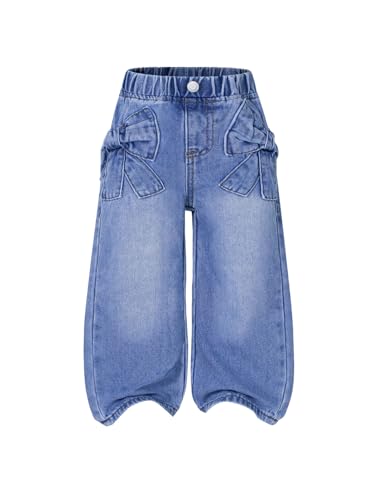GORGLITTER Girl's Bow Denim Jeans Baggy Elastic Waist Straight Leg Pants Butterfly Ripped Wide Leg Joggers