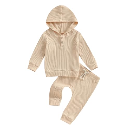 Image of fhutpw Baby Girl Boy Clothes Long Sleeve Knitted Cotton Hoodie & Pants Sets Infant 3 6 12 18 Months Fall Winter Outfits