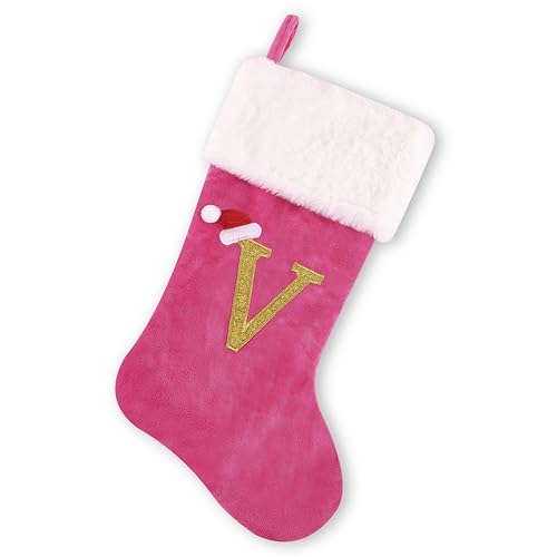 Image of BELISHMIE 20-inch Personalized Pink Faux Velvet Stocking with Embroidered Gold Letter – Luxurious Christmas Decoration and Gift, Plush Finish (Pink-V)