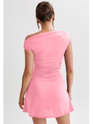 Image of LAGSHIAN Womens Off Shoulder Sleeveless Ruched Flare Mini Dress | Sexy,Summer,Slim Fit,Stretch,Trendy,Double Layer,A-line,Cocktail Party,Club,Night Out,Date,Asymmetrical Shoulder