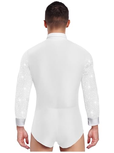 YiZYiF Men's Rhinestones Latin Dance Shirt Ballroom Leotard Long Sleeve Figure Skating Performance Dancewear