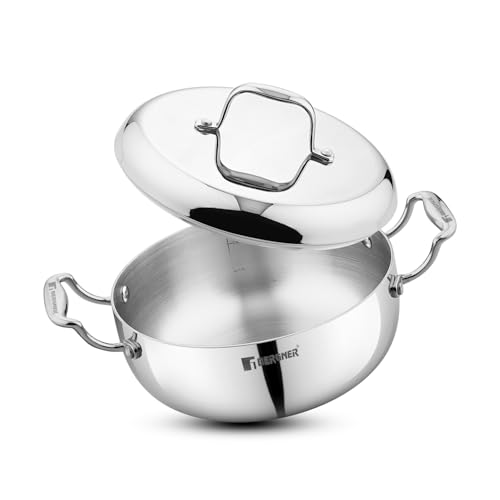 Image of Bergner Argent Saiba Triply Stainless Steel 18 cm (1.8 Liters) Multi Purpose Casserole /Stainless Steel Casserole with Curved Shape Lid and Welded Cast Handles, Less Oil Cooking - Induction Bottom