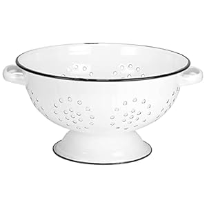 Redcoenamelwaremetalclassic105inchroundfoodstrainercolanderwithtwohandlesdistressedwhiteblackrim Urban Country Home Decor Red co enamelware metal classic 105 inch round food strainer colander with two handles distressed whiteblack rim urban country home decor