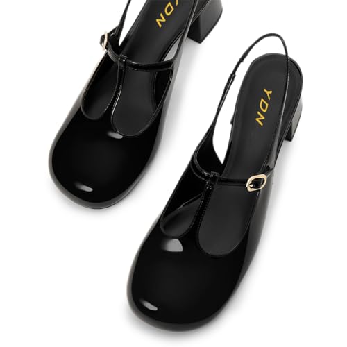 YDN Women Slingback Pumps T Strap Slip On Block Mid Heels Closed Round Toe Dress Shoes Party Office Size 4-16 US3