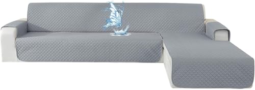 CYCMACO Funda Sofa Chaise Long 3 Plazas Impermeable, Fundas Sofa L Chaise Longue Izquierdo/Derecho Reversible, Antideslizante, Ajustables, Anti Gatos, Gris Claro