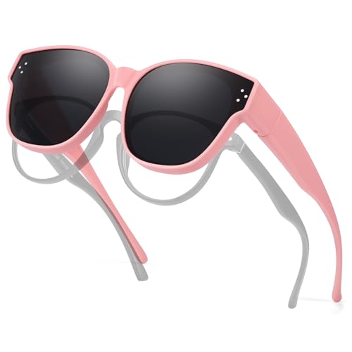 QTYQWC Polarisierte Kinder-Sonnenbrille, passt über verschreibungspflichtige Brillen, für Mädchen und Jungen, flexible Farbtöne, UV-Schutz LS8152-3, A02 rosa Rahmen, schwarze polarisierte Gläser