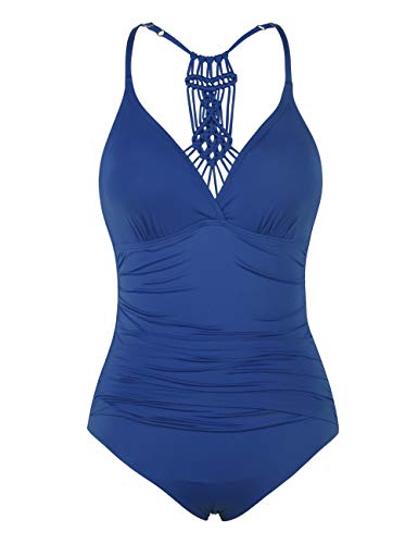 Firpearl Women's Halter One Piece Swimsuits Braid Macrame Ruched Tummy Control Swimwear Balakan Blue Us6 #TOP19