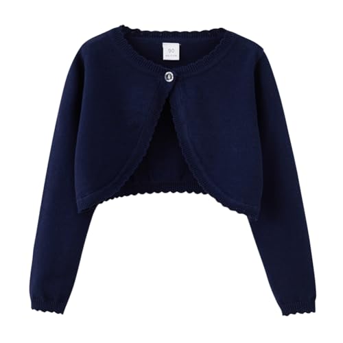 Image of PythJooh Baby Girl Long Sleeve Bolero Shrugs Girls One-Button Plain Cotton Wedding Bolero Cardigan Knitted Coat for 1-13Years Navy