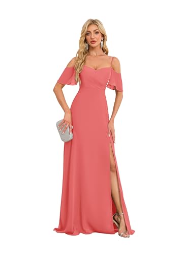 Image of Plus Size Bridesmaid Dresses with Slit Chiffon Bridesmaid Wedding Guest Dresses Formal Evening Gowns for Women US24W HGR93 Coral