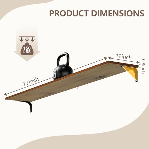 Image of 12 Inch Deep Floating Shelves Set of 2, 72 Inch Extra Wide Vintage Walnut Solid Wood Wall Shelves, 6ft Heavy Duty Farmhouse Wall Mounted Shelving for Kitchen, Living Room & Bedroom