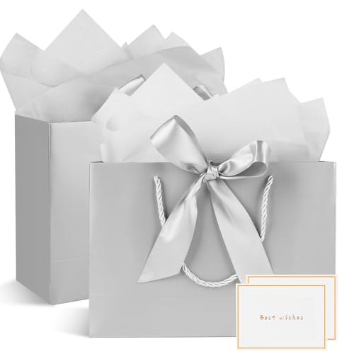 Gfractolux Medium Gift Bags With Tissue Paper Cards and Handles - 2 Pcs for Birthdays Baby Shower Wedding Party Favor Holiday Presents - 11X7.9X3.9 (Silver)