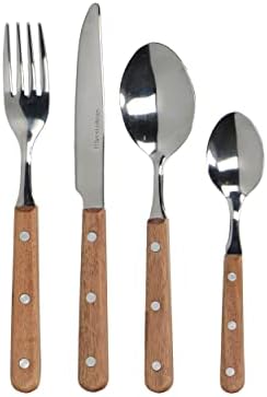 MIKASA 16-teiliges Besteckset, Edelstahlbesteck mit Holzgriffen, poliertes Silberbesteck, Tafelgabeln, Tafelmesser, Dessertlöffel und Teelöffel, Kollektion Drift, 1 Set