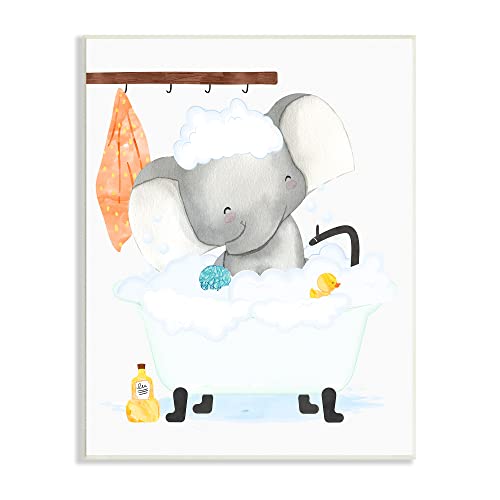 Stupell Industries Children's Baby Elephant Bubble Bath Rubber Duck Bathroom Wall Plaque, White