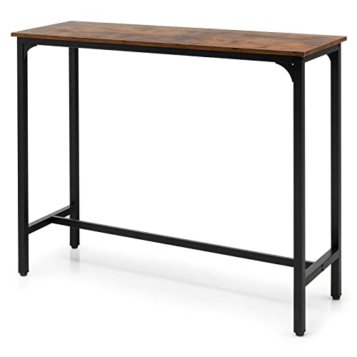 TANGZON Bar Table, Steel Frame Kitchen Table with Adjustable Foot Pads, Industrial Narrow Rectangular Dining Table for Living Dining Room Pub Restaurant, 120 x 40 x 101cm, Easy Assembly (Rustic Brown)