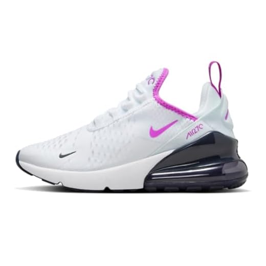 Nike Air Max 270 Big Kids' Shoes (943345-116, White/Dark Obsidian/Fuchsia Dream) Size 6
