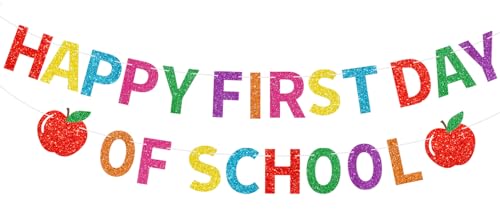 Pre-Strung Happy First Day of School Banner Glitter Back to School Garland Colorful First Day of Kindergarten Hanging Decorations for Preschool Kindergarten Classroom Office Home Party Decor