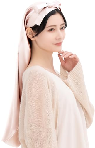 [COCOSILK] シルク ナイトキャップ ロングヘア用 シルクキャップ ロング 筒型 前結び リボン 髪 シルク100% 筒 筒状 ヘアキャップ (75cm, Free,アッシュライトピンク)のサムネイル