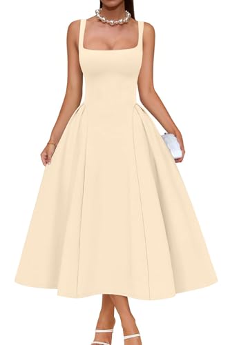 Memoriesea Women's Elegant Square Neck Swing A Line Wedding Evening Party  Midi Dress Apricot : Clothing, Shoes & Jewelry - Amazon.com