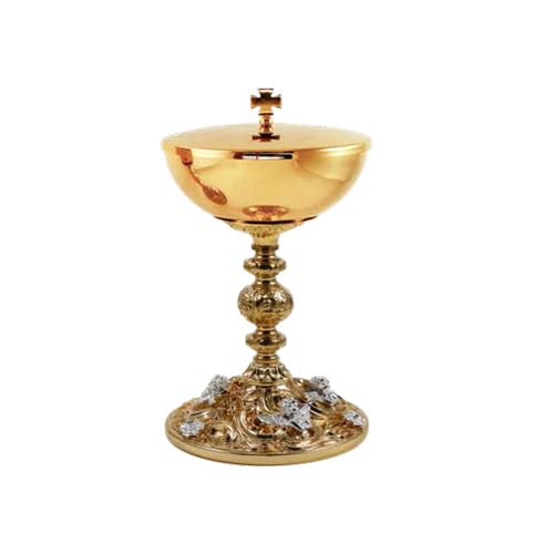 OTTONE DORATO. Generico PISSIDE in Ottone Dorato con Base in Fusione Decorata con Angeli ARGENTATI E Nodo Barocco. h.24 cm. Made N Italy.