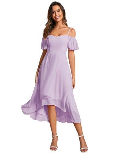 Image of Ever-Pretty Women's Summer Cold Shoulder Hi-Lo Asymmetrical Hem Flowy Chiffon Short Wedding Guest Dress 02103