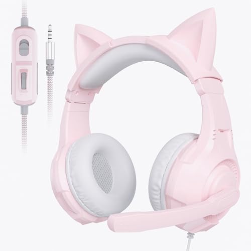 Image of Pink Cat Ear Headphones Over Ear for Gaming PC, 3.5mm Wired Gaming Headset with Noise Cancelling Mic, Soft Memory Earmuffs Stereo Headset for PS4, PS5, Xbox, Laptop, Mac, Tablet, Smartphone
