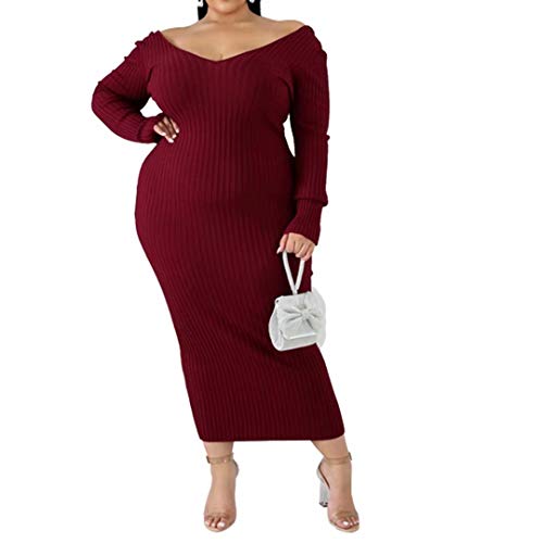 Image of Women's Plus Size Sexy Long Sleeve Maxi Sweater Off Shoulder Knit Dress