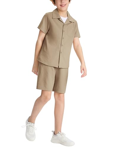 MoFiz Freizeitanzug Trainingsanzug Jungen Bekleidungssets Strandurlaub Outfits Knöpfen Kurzarm-Hemden und Shorts Sommersets Kinder Khaki Größe L (DE 152-164)