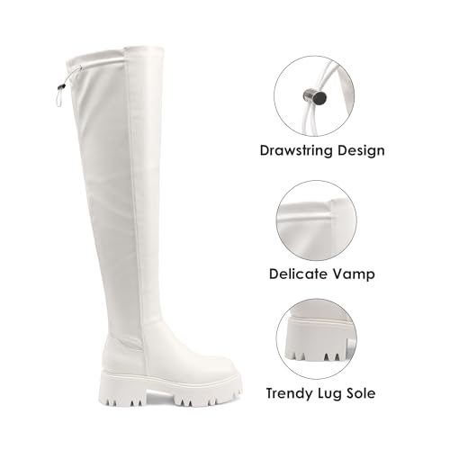 DREAM PAIRS DREAM PAIRS Women's Platform Over The Knee Boots Lug Sole Round Toe Thigh High Long Chunky Block Heels Fall Boots,Size 9,White-Pu,SDOB2309W