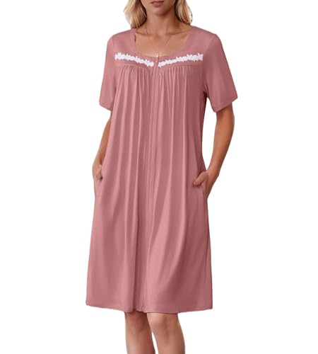 Image of Ekouaer Women Zipper Robe Short Sleeves House Coat Zipper Front Bathrobe Sleepwear with Pockets Housecoat Nightgown
