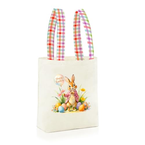 DCLOVERY Easter Basket Bunny Canvas Tote Bag 12.2x11 Inches Natural Canvas Hand-Carry for Gift and Easter Egg Collection (B-Pink)