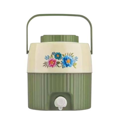 Image of Insulated Plastic Water Jug with Floral Design, 5 litres, Food Grade, BPA Free, Easy to Carry Handle, Green and Cream, Ideal for Office, Travel, Picnic and Kitchen (Green)