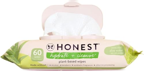Image of The Honest Company Hydrate and Cleanse Naturally Scented Wipes, Cleansing Multi-Tasking, 99% Water, Plant Based, Hypoallergenic, Aloe Cucumber, 60 Count (Pack of 12)