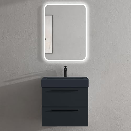 doporro - Mueble de baño (3 piezas, 60 cm, espejo LED, diseño Quadratto, color gris y negro mate