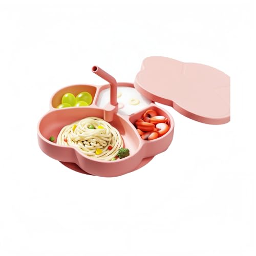 ベビー食器 吸盤付きプレート シリコン製 離乳食プレート 幼児用仕切り皿 ひっくり返らない 滑り止め 耐熱 電子レンジ対応 赤ちゃん 出産祝い ギフト (プレート+蓋+ストロー,ピンク)
