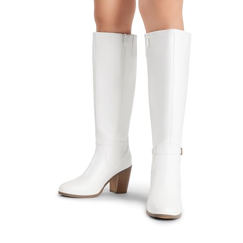 DREAM PAIRS Women's Knee-High Boots Comfortable Chunky Block Heel Side Zipper,Size 9.5,White-Pu,SDKB2403W