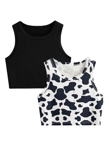 Milumia Girl's 2 Piece Tank Top Cow Print Round Neck Sleeveless Cropped Tops