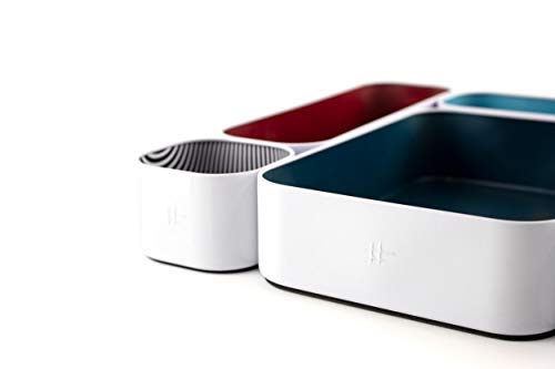 Three By Three Seattle 5 Piece Metal Organizer Tray Set For Storing Makeup, Stationery, Utensils, And More In Office Desk, Kitchen And Bathroom Drawers (2 Inch, Blue Berry And Stripes) #TOP3