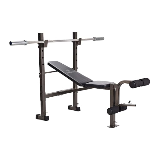 Stamina Adjustable Steel Weights Bench and Barbell Rack Combo Set with Resistance Band Anchor Points for Home Gym Workout or Exercise Equipment, Black