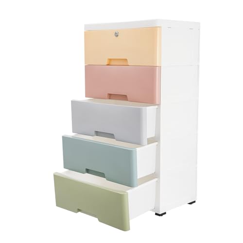 SuiYuLn Plastic Storage Cabinet,Tall Standing Dresser,Storage Cabinet with 5 Drawers,Closet Drawers with 4 Wheels for Playroom Bedroom (Macaron Color)