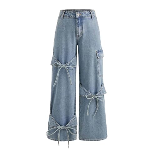 Vhersily Pantalones vaqueros anchos para mujer pantalones de mezclilla de cintura alta con lazo pierna recta ancha baja y mujer de verano largos de yoga rectos lavados niña para club nocturno, cómodo