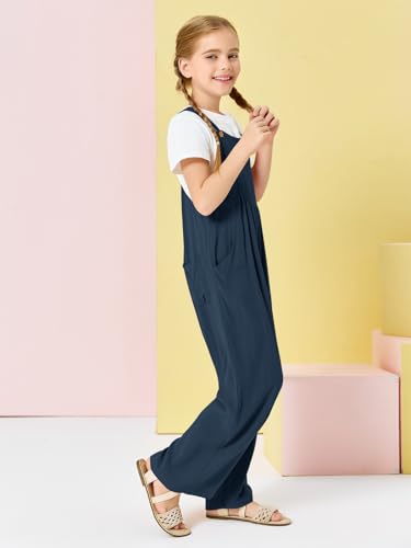 Image of Haloumoning Girls Overalls Kids Casual Sleeveless Wide Leg Jumpsuit Loose Rompers with Pockets 5-14 Years