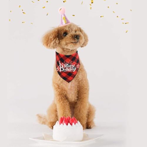 Asocea ASO-US-DHBB 2 Pack Dog Happy Birthday Bandana Cotton Triangle Dog Bandanas Reversible Pet Triangle Kerchief Dog Scarf Classical Plaid Printing Dog Birthday Party Supplies thumb #3