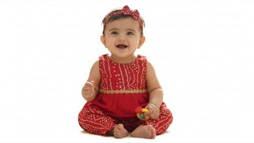 Image of The Root And Craft Kids Birthday Photoshoot Outfit Dress Girls Bandhani printed Top With Dhoti pant & Hairband Born Baby Photography Photoshoot Props(0to 18 Month)