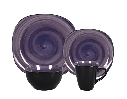 Homevss, Stoneware Square 16Pc Dinnerware Set, Inside Spinwash Swirl Purple + Outside Black #TOP2
