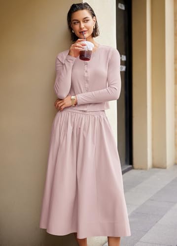 Image of Panadila Womens 2 Piece Lounge Sets Matching Vacation Outfits Ribbed Button Down Cardigan and Elastic Waist Skirt Sets