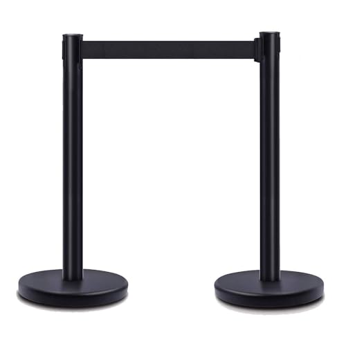 Image of DuraSteel Black Crowd Control Barriers Stanchions with Retractable Belts - Metal Stanchion Posts w / 6.5ft Black Retractable Barrier Belt Ropes - Queue VIP Safety Line Dividers - Set of 2 Stantions
